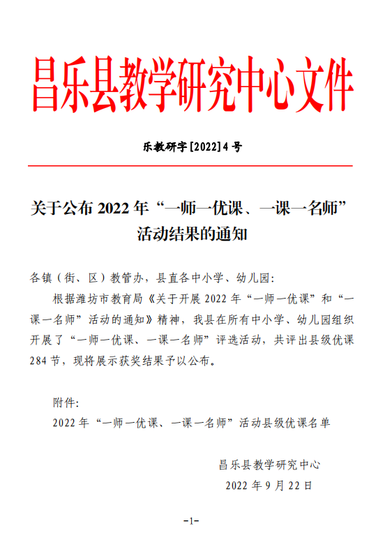昌乐二中在县“一师一优课、一课一名师”评选活动中荣获佳绩